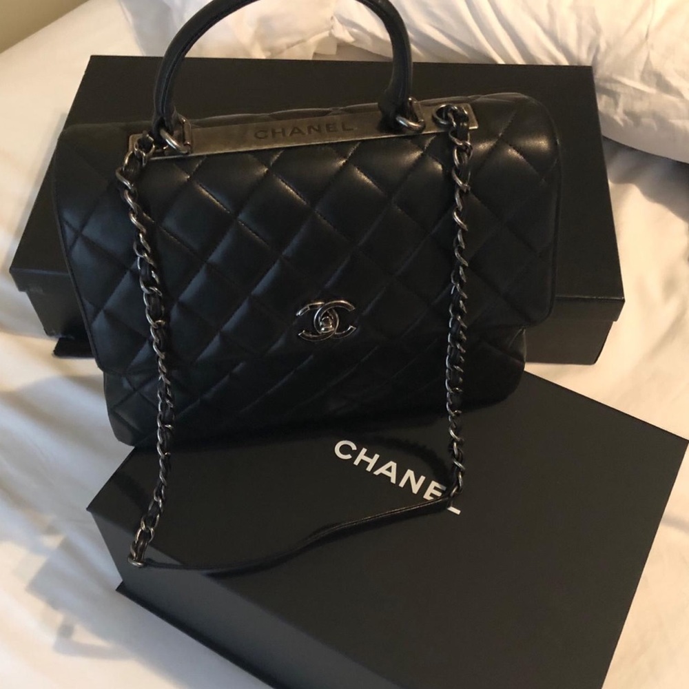 Authentic Chanel Black Quilted Lambskin Leather Large Flap